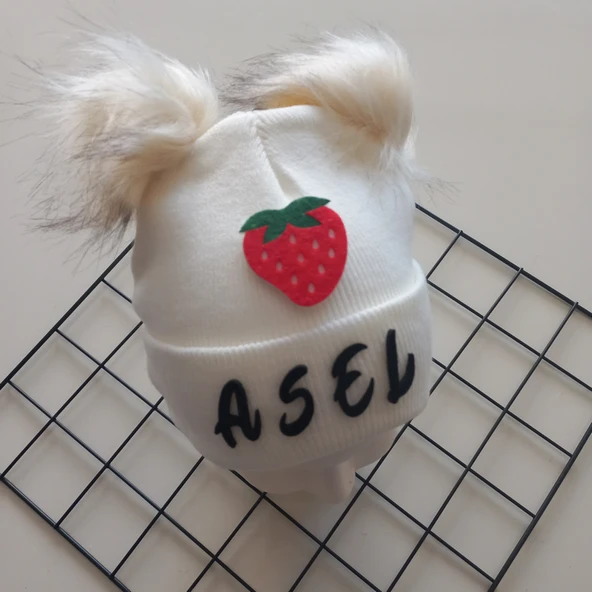 MARS BABY Kız Bebek Çocuk Kişiye Özel İsimli Krem Çift Ponponlu Triko Bere - 2