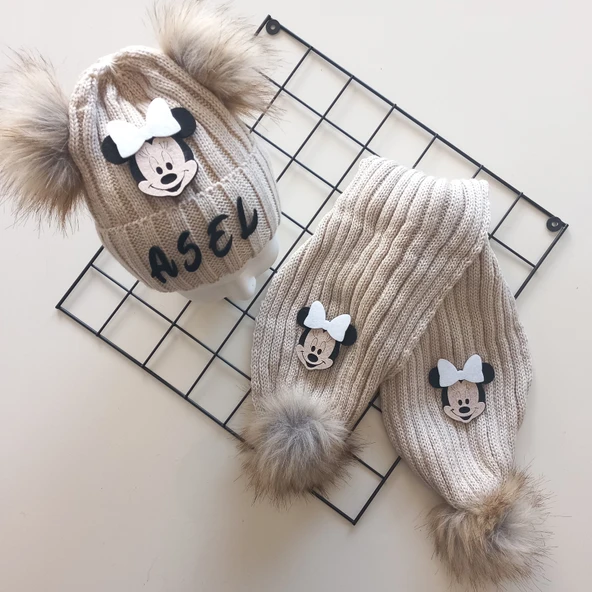 MARS BABY Bebek Kız Çocuk İsimli Bej Beyaz Minnie Çift Ponponlu Atkı Bere Takımı