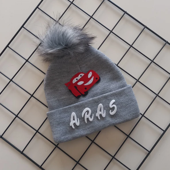 MARS BABY Erkek Bebek Çocuk Kişiye Özel İsimli Gri Tek Ponponlu Triko Bere