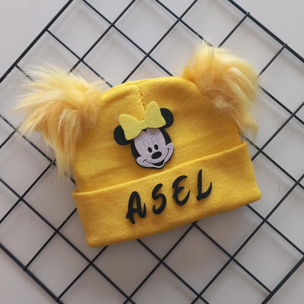 MARS BABY Kız Bebek Çocuk Kişiye Özel İsimli Sarı Çift Ponponlu Triko Bere