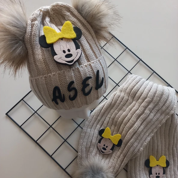 MARS BABY Bebek Kız Çocuk İsimli Bej Sarı Minnie Çift Ponponlu Atkı Bere Takımı - 2