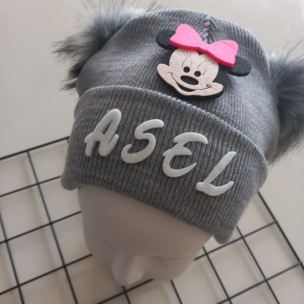 MARS BABY Kız Bebek Çocuk Kişiye Özel İsimli  Gri Çift Ponponlu Triko Bere - 2