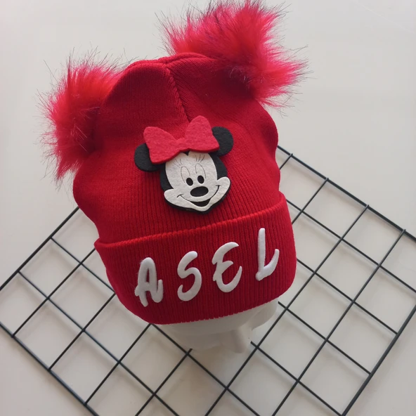 MARS BABY Kız Bebek Çocuk Kişiye Özel İsimli Kırmızı Çift Ponponlu Triko Bere - 2