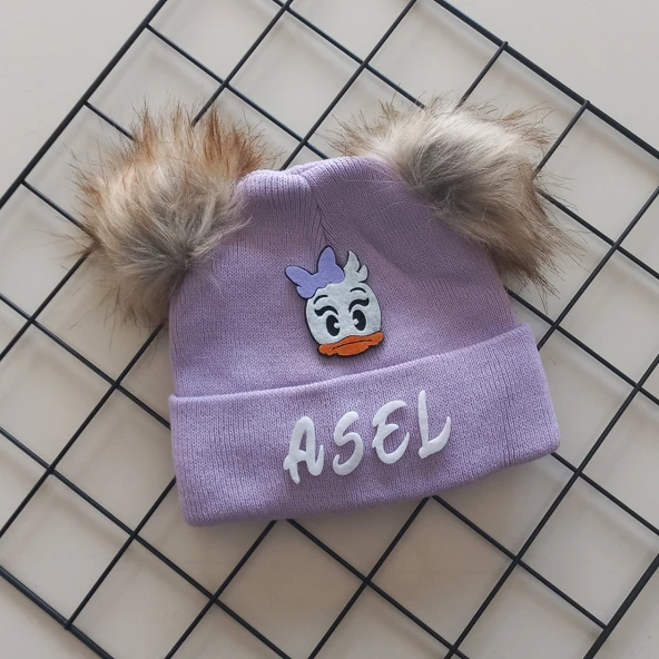 MARS BABY Kız Bebek Çocuk Kişiye Özel İsimli Lila Çift Ponponlu Triko Bere