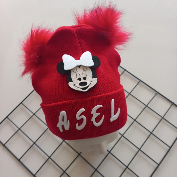 MARS BABY Kız Bebek Çocuk Kişiye Özel İsimli Kırmızı Beyaz Çift Ponponlu Triko Bere - 2