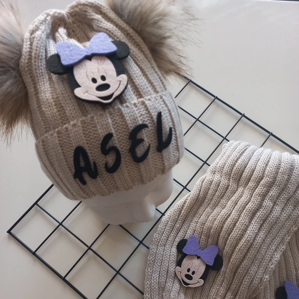 MARS BABY Bebek Kız Çocuk İsimli Bej Lila Minnie Çift Ponponlu Atkı Bere Takımı - 2