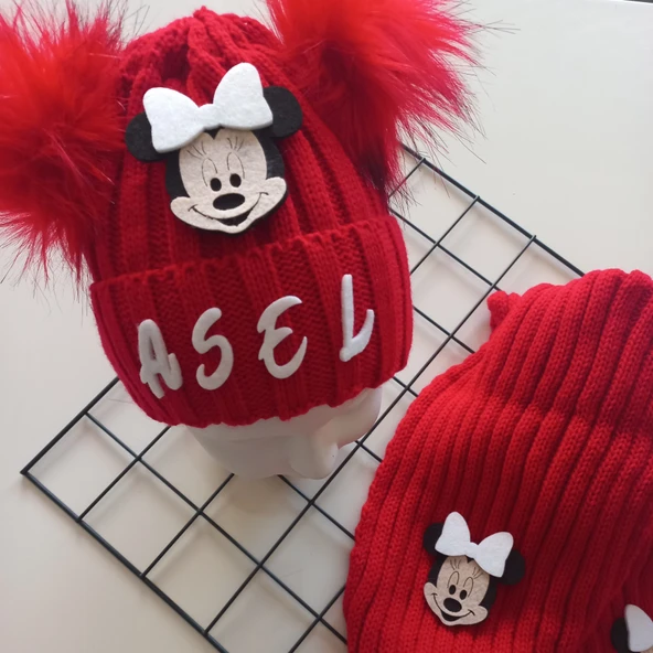 MARS BABY Bebek Kız Çocuk İsimli Kırmızı Beyaz Minnie Çift Ponponlu Atkı Bere Takımı - 2