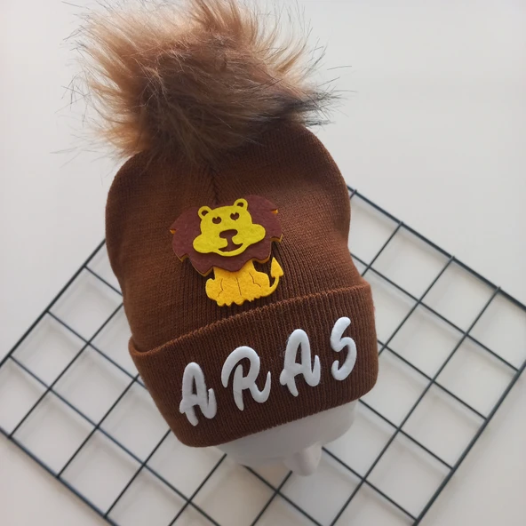 MARS BABY Erkek Bebek Çocuk Kişiye Özel İsimli Kahverengi Tek Ponponlu Triko Bere - 2