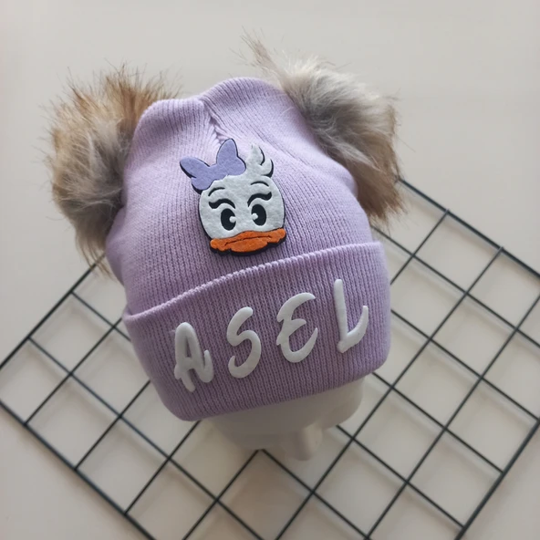 MARS BABY Kız Bebek Çocuk Kişiye Özel İsimli Lila Çift Ponponlu Triko Bere - 2