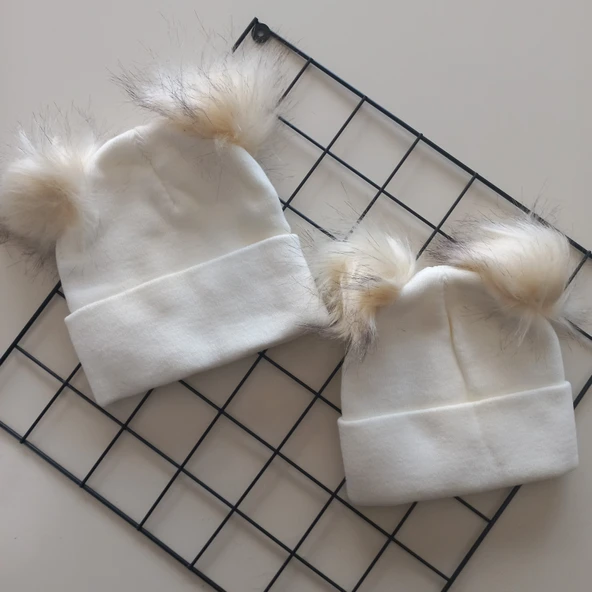 MARS BABY Anne Kız Bebek Çocuk 2li Krem Çift Ponponlu Triko Bere