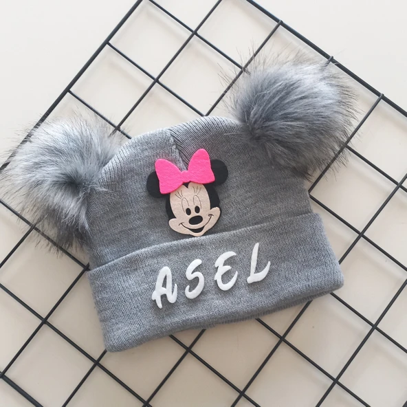 MARS BABY Kız Bebek Çocuk Kişiye Özel İsimli  Gri Çift Ponponlu Triko Bere