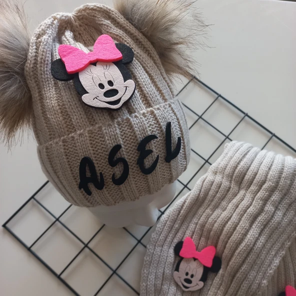 MARS BABY Bebek Kız Çocuk İsimli Bej Fuşya Minnie Çift Ponponlu Atkı Bere Takımı - 2