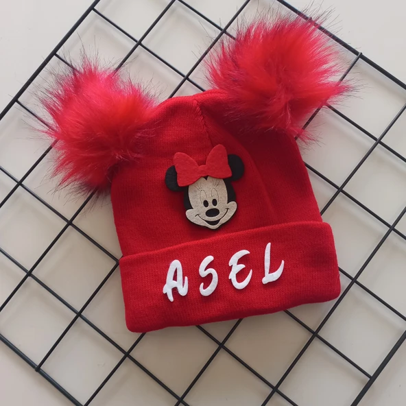 MARS BABY Kız Bebek Çocuk Kişiye Özel İsimli Kırmızı Çift Ponponlu Triko Bere