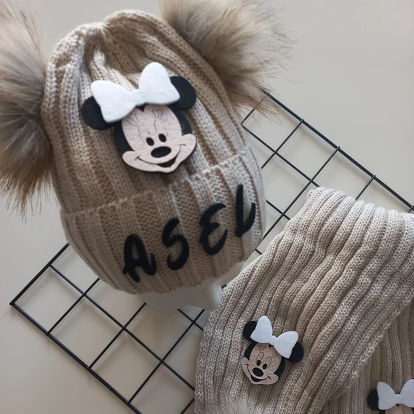 MARS BABY Bebek Kız Çocuk İsimli Bej Beyaz Minnie Çift Ponponlu Atkı Bere Takımı - 2