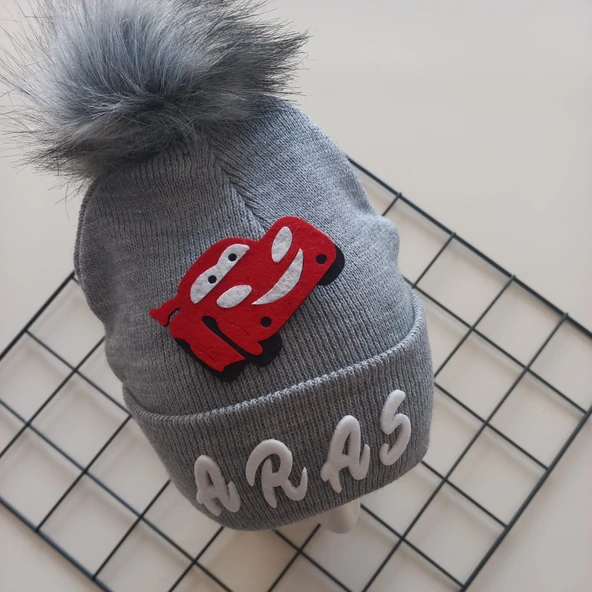 MARS BABY Erkek Bebek Çocuk Kişiye Özel İsimli Gri Tek Ponponlu Triko Bere - 2