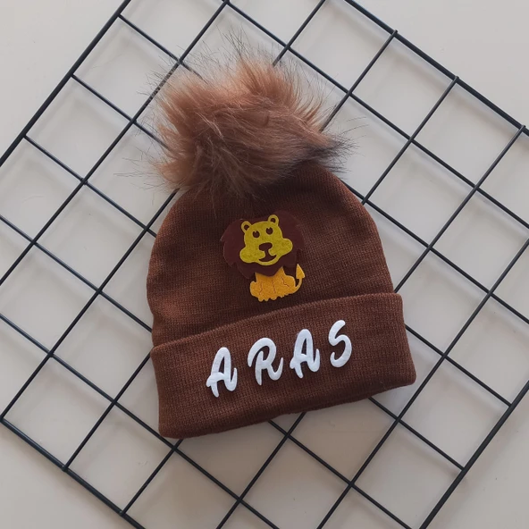 MARS BABY Erkek Bebek Çocuk Kişiye Özel İsimli Kahverengi Tek Ponponlu Triko Bere