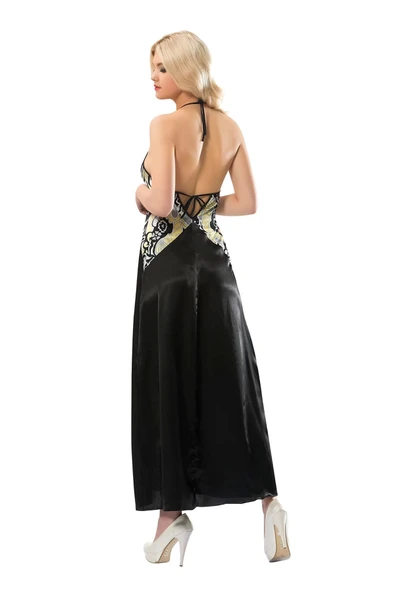 Siyah Dantelli Saten Gecelik - 086 - 1