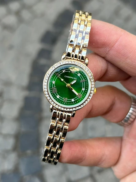 Choppers Yeşil Kadran Zirkon Taşlı Gold Renk Şık Özel Günler Çelik Kordon Kadın Kol Saati