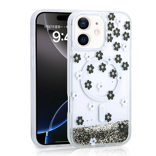 Apple iPhone 12 Kılıf Sıvılı Simli Baskılı Şeffaf Arka Yüzey Zore Mossa Silikon Kapak - 2