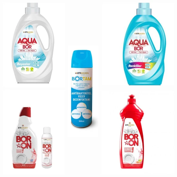 AQUABOR SIVI DETERJANI RENKLİ VE  BEYAZLAR  İÇİN 66 YIKAMA+ BULAŞIK DETERJANI ELDE VE MAKİNEDE + 1 ADET BORTAM DEZENFEKTAN