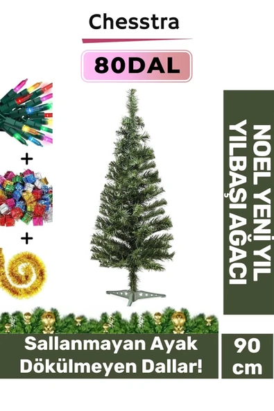 Kutulu Ayaklı Süsleme Seti Yılbaşı Çam Ağacı Renkli Işığı Yeni Yıl Süsleri Noel Paket 90 Cm 80 Dal