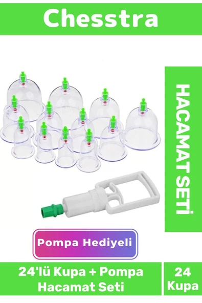 Premium Kupa Parmak Çekme Selülit Çatlak Giderici Vakumlu Masaj Aleti 24'lü Kupa + Pompa Hacamat Set