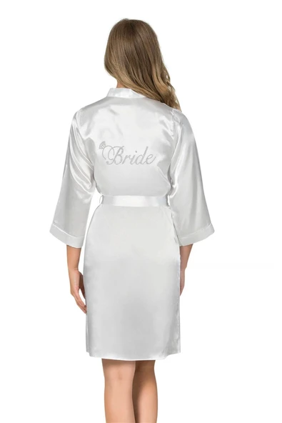 Beyaz Kısa Saten Bride Sabahlık - 1