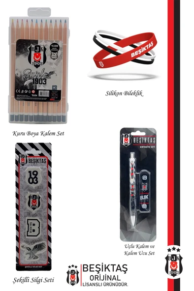 Beşiktaş Orijinal Lisanslı Kalem Bileklik Kuru Boya Silgi Hediyelik Set - 2