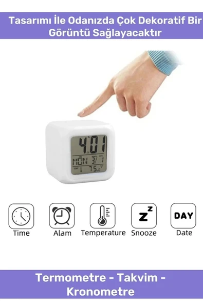 Hediyelik Dekoratif Termometreli Takvimli 7 Renk Değiştiren Dijital Küp Alarmlı Masa Çalar Saat - 4