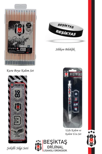 Beşiktaş Orijinal Lisanslı Kalem Bileklik Kuru Boya Silgi Hediyelik Set - 2