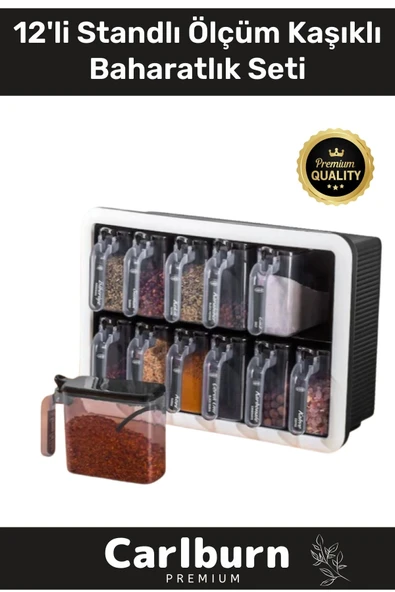 Premium Modern Pratik Bölmeki Şeffaf Mutfak Tezgah 12li Standlı Ölçü Kaşıklı Plastik Baharatlık Seti