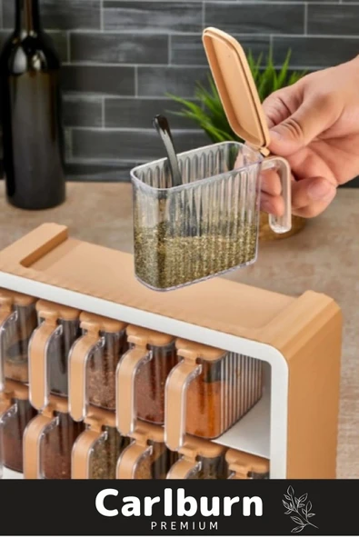 Premium Modern Pratik Bölmeki Şeffaf Mutfak Tezgah 12li Standlı Ölçü Kaşıklı Plastik Baharatlık Seti - 2