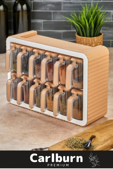 Premium Modern Pratik Bölmeki Şeffaf Mutfak Tezgah 12li Standlı Ölçü Kaşıklı Plastik Baharatlık Seti - 4