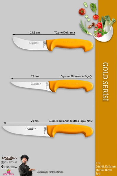 LAZBİSA Gold Serisi Mutfak Bıçak Seti Et Ekmek Sebze Bıçağı 3 Lü Set Günlük Kullanım ( Mtf-001) - 2