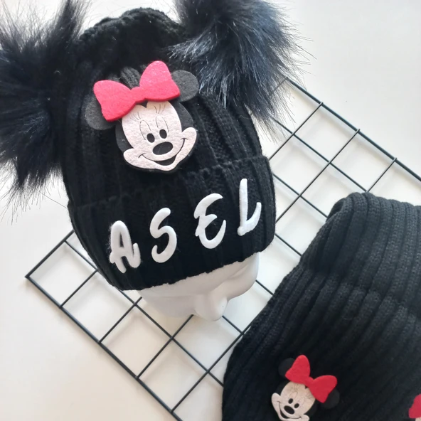 MARS BABY Bebek Kız Çocuk İsimli Kişiye Özel Siyah Kırmızı Minnie Çift Ponponlu Atkı Bere Takımı - 2
