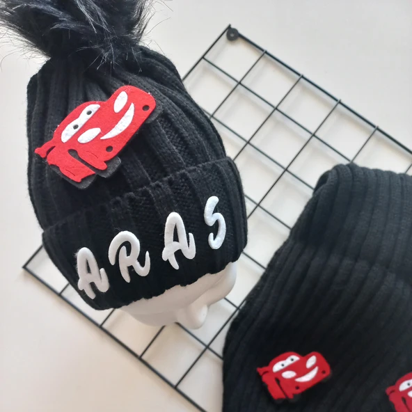 MARS BABY Bebek Erkek Çocuk İsimli Kişiye Özel Siyah Araba Tek Ponponlu Atkı Bere Takımı - 2