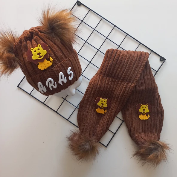 MARS BABY Bebek Erkek Çocuk İsimli Kişiye Özel Taba Kahverengi Aslan Çift Ponponlu Atkı Bere Takımı - 3