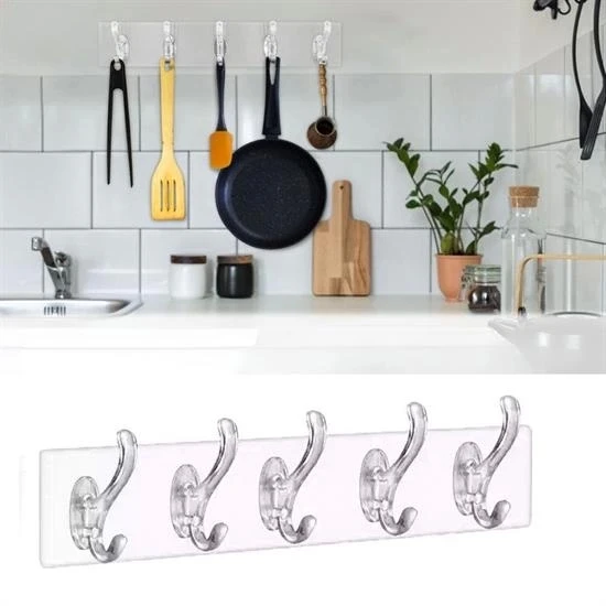 5&apos;li Güçlü Yapışkanlı Şeffaf Duvar Askısı Banyo Mutfak Düzenleyici Pratik Askılık (4172)