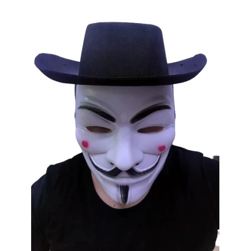 Siyah Renkli Delikli Çocuk Boy Vendetta Şapkası ve Vendetta Maskesi - 2