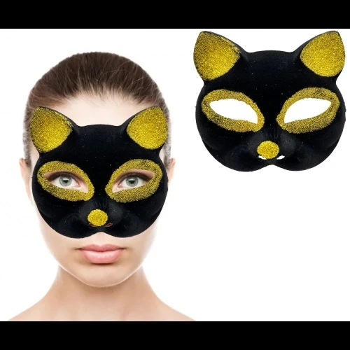 Siyah Renk Gold Simli Kedi Maskesi - 2