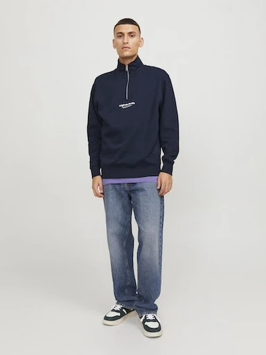 Jack Jones Erkek  Regular Fit Yüksek Yaka Fermuarlı  Mavi Sweatshirt 12241777M - Resim 4
