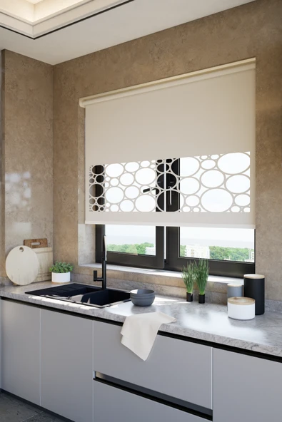 Lazer Kesim Mat Stor Perde, Lazer Kesimli Klasik Serisi, C-5002 Ekru Renk