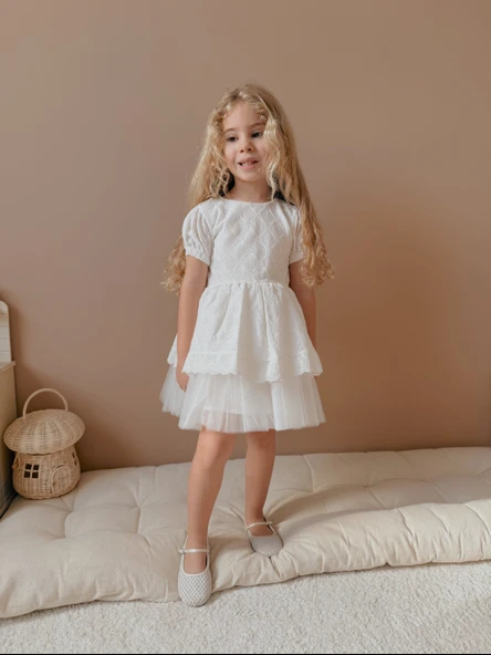 Lace Fistolu Ekru Elbise - 5