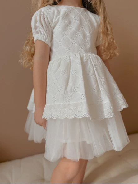 Lace Fistolu Ekru Elbise - 3