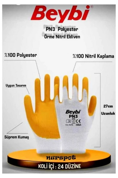 Beybi Pn3 Nitril Sarı Iş Eldiveni No:10 12'li Paket - 3