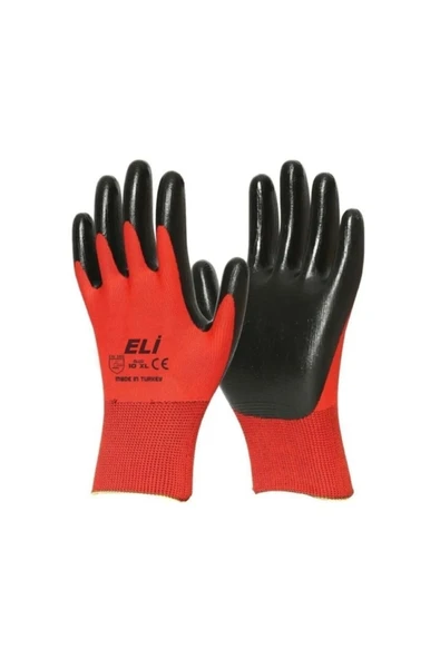 Eli Nitril Eldiven Kırmızı Siyah No: 10 XL 12 Adet (12 çift)