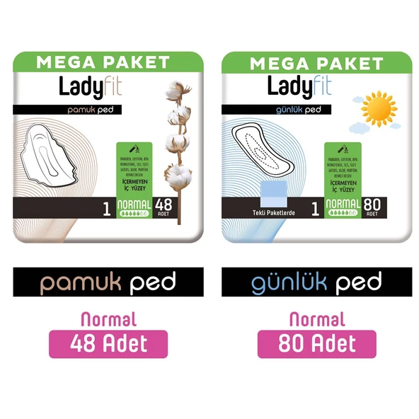 Ladyfit Pamuk Ped Mega Normal 48 Adet + Günlük Ped Mega Normal 80 Adet