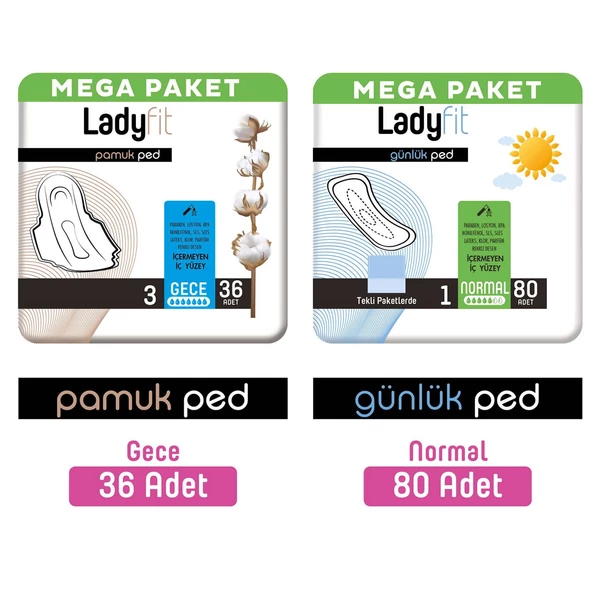 Ladyfit Pamuk Ped Mega Gece 36 Adet + Günlük Ped Mega Normal 80 Adet
