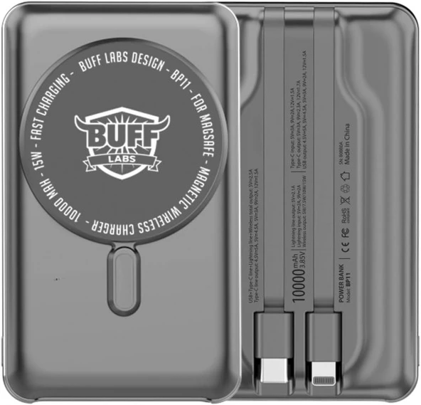 Buff BP11 10000MAH Magsafe Uyumlu Dahili Kablolu Powerbank Gray - Gri