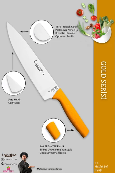 LAZBİSA Gold Serisi Mutfak Şef Bıçağı Seti Et Ekmek Sebze Şef Bıçak 2 Li Set Günlük Kullanım ( Mtf-022) - 3